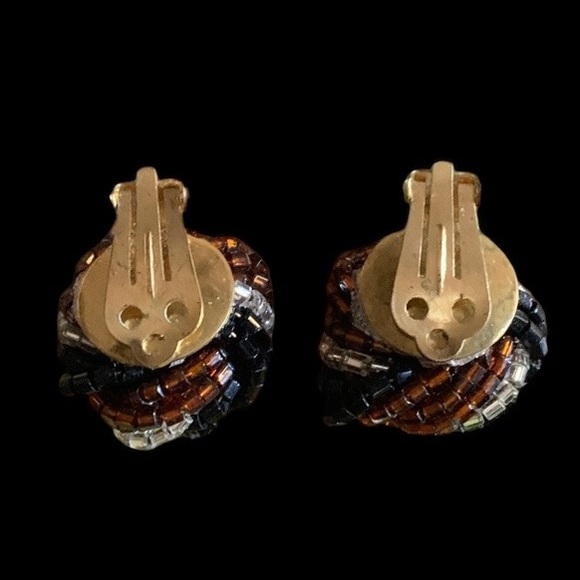 Vintage Glass Beaded Clip On Earrings Woman’s Jewelry Brown Black & Silver - Picture 4 of 5
